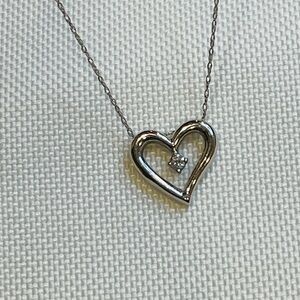14k White Gold Open Heart With Single Diamond Pendant Necklace